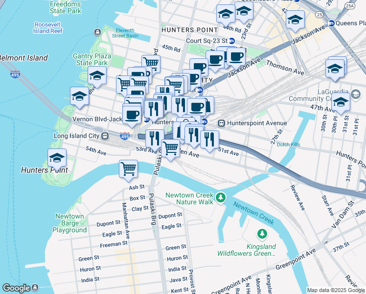 map of restaurants, bars, coffee shops, grocery stores, and more near 5102 21st Street in Queens