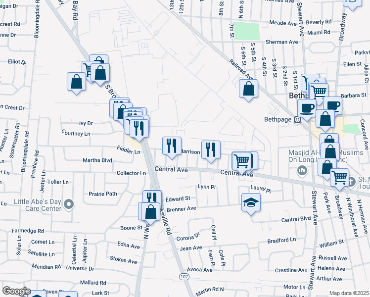 map of restaurants, bars, coffee shops, grocery stores, and more near 206 Harrison Avenue in Bethpage