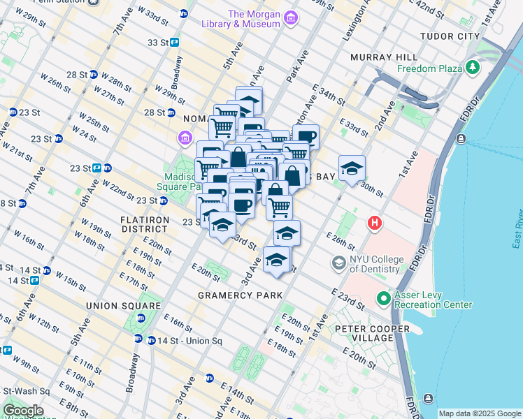 map of restaurants, bars, coffee shops, grocery stores, and more near 68 Lexington Avenue in New York