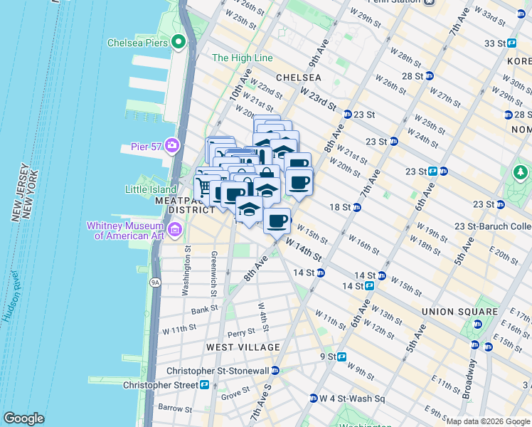 map of restaurants, bars, coffee shops, grocery stores, and more near 359 West 15th Street in New York