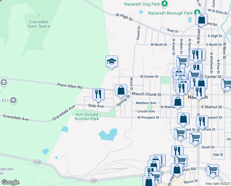 map of restaurants, bars, coffee shops, grocery stores, and more near 411 Mauch Chunk Street in Nazareth