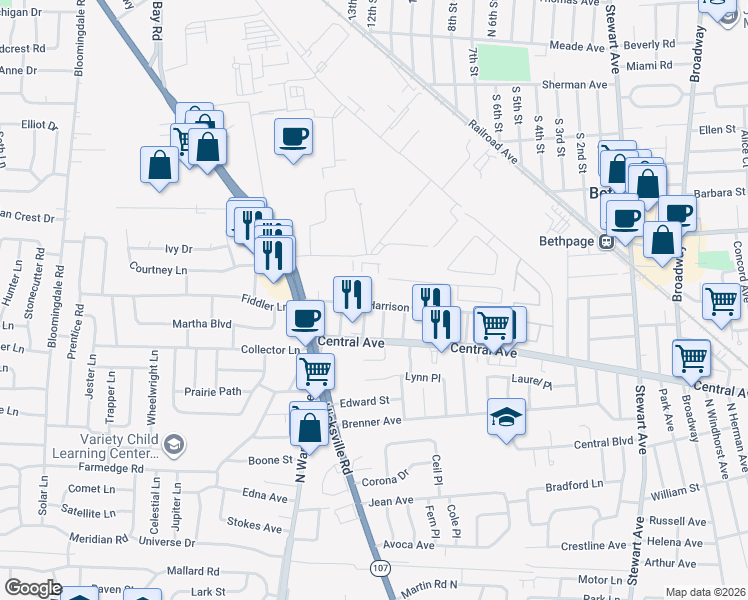 map of restaurants, bars, coffee shops, grocery stores, and more near 206 Harrison Avenue in Bethpage