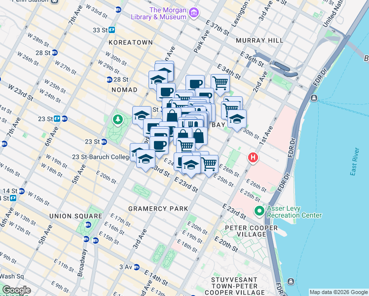 map of restaurants, bars, coffee shops, grocery stores, and more near in New York