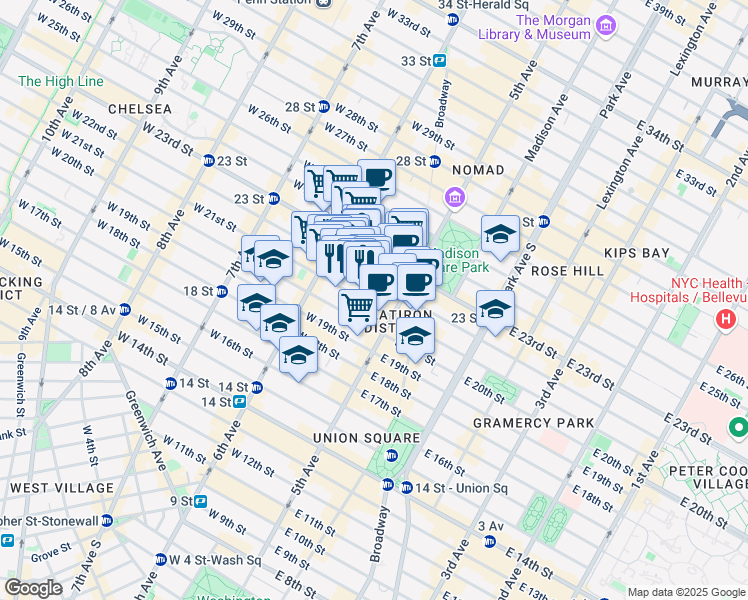 map of restaurants, bars, coffee shops, grocery stores, and more near 7 West 21st Street in New York