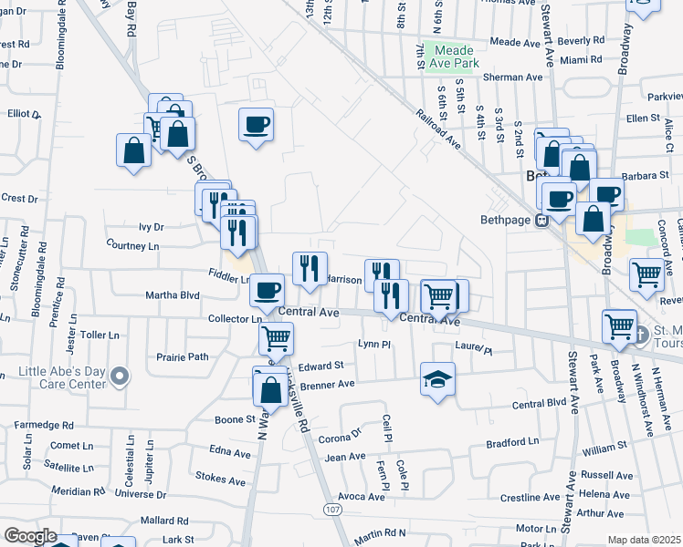 map of restaurants, bars, coffee shops, grocery stores, and more near 206 Harrison Avenue in Bethpage