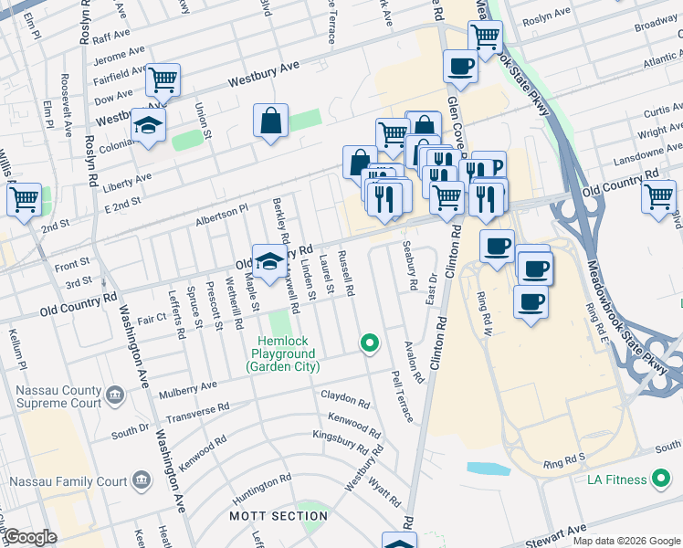 map of restaurants, bars, coffee shops, grocery stores, and more near 90 Russell Road in Garden City