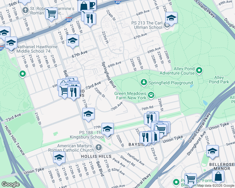 map of restaurants, bars, coffee shops, grocery stores, and more near 73-42 Springfield Boulevard in Queens