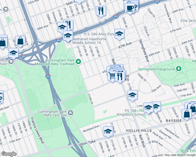 map of restaurants, bars, coffee shops, grocery stores, and more near 67-51 212th Street in Queens