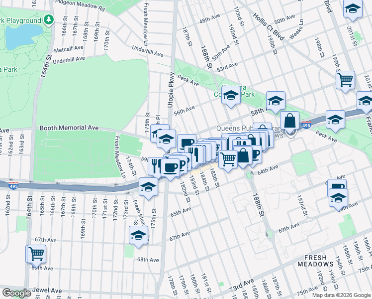 map of restaurants, bars, coffee shops, grocery stores, and more near 58-31 184th Street in Queens