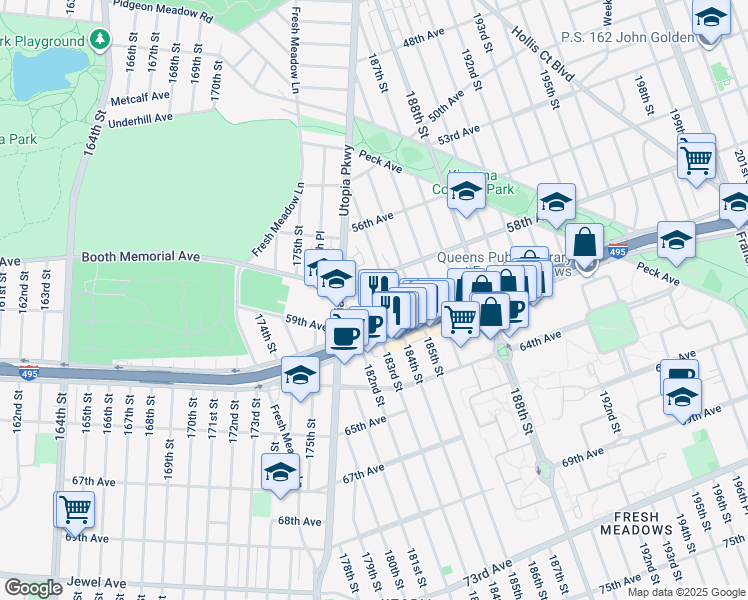 map of restaurants, bars, coffee shops, grocery stores, and more near 58-31 184th Street in Queens