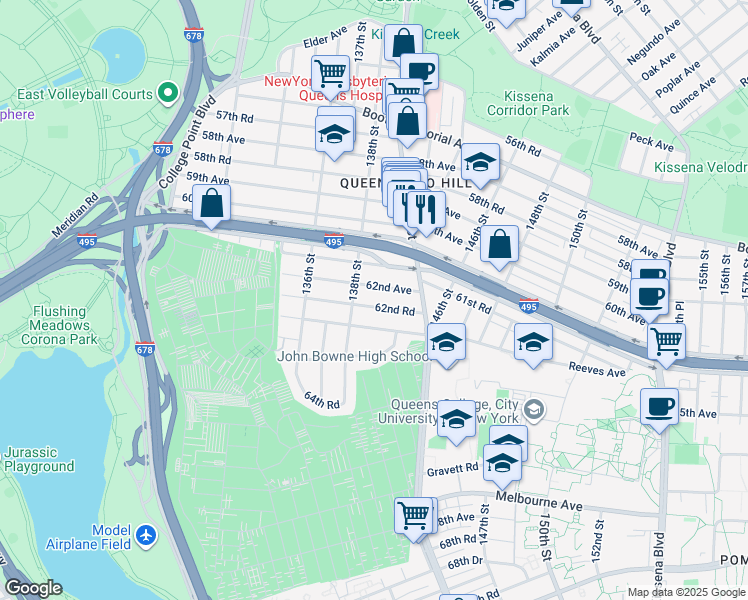 map of restaurants, bars, coffee shops, grocery stores, and more near 138-25 62nd Avenue in Queens