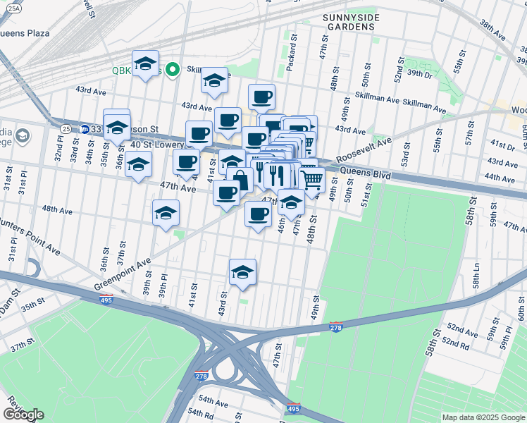 map of restaurants, bars, coffee shops, grocery stores, and more near 44-22 Greenpoint Avenue in Queens