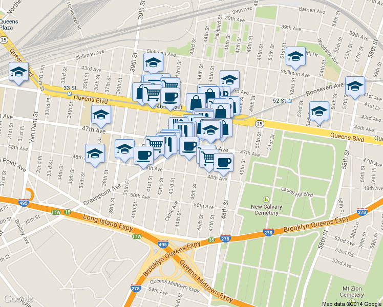 map of restaurants, bars, coffee shops, grocery stores, and more near 43-09 47th Avenue in Queens
