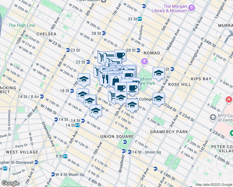 map of restaurants, bars, coffee shops, grocery stores, and more near 32 West 22nd Street in New York