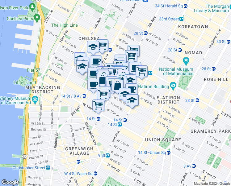 map of restaurants, bars, coffee shops, grocery stores, and more near in New York