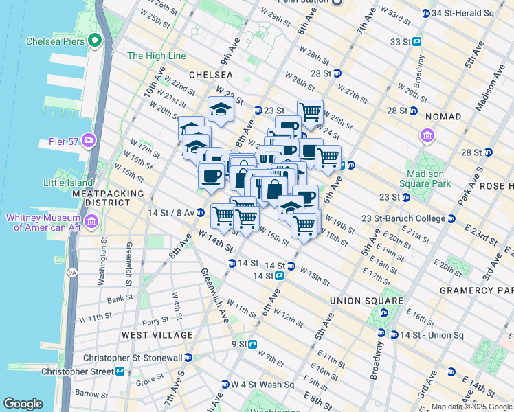 map of restaurants, bars, coffee shops, grocery stores, and more near in New York