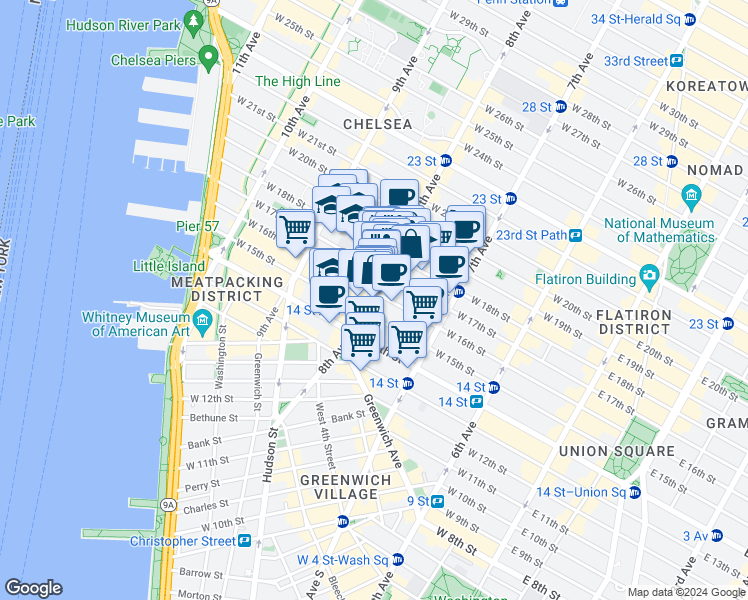 map of restaurants, bars, coffee shops, grocery stores, and more near 128 8th Avenue in New York