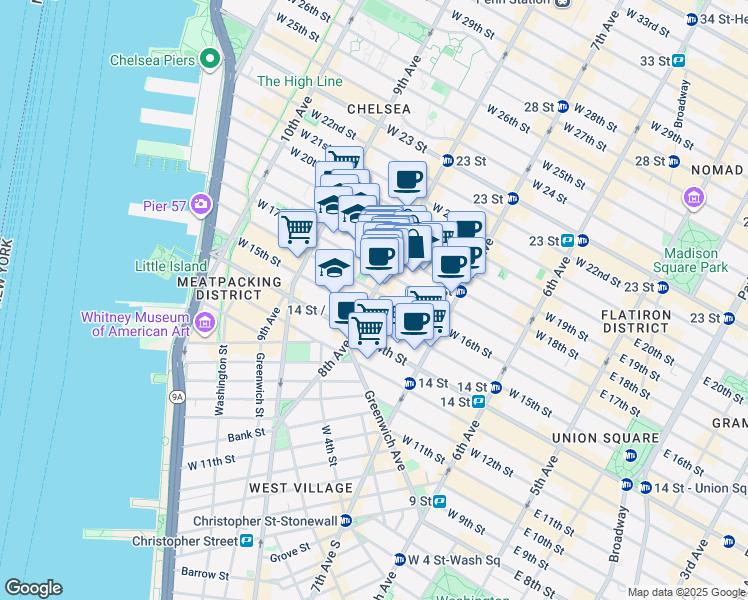 map of restaurants, bars, coffee shops, grocery stores, and more near 128 8th Avenue in New York