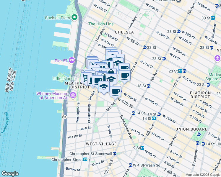 map of restaurants, bars, coffee shops, grocery stores, and more near 359 West 15th Street in New York