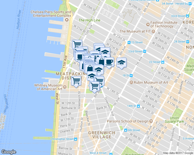 map of restaurants, bars, coffee shops, grocery stores, and more near 359 West 15th Street in New York