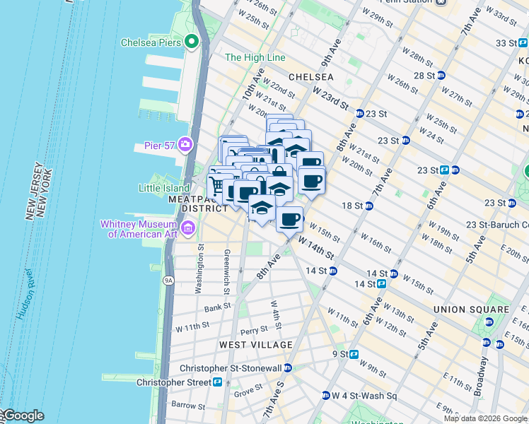 map of restaurants, bars, coffee shops, grocery stores, and more near 359 West 15th Street in New York