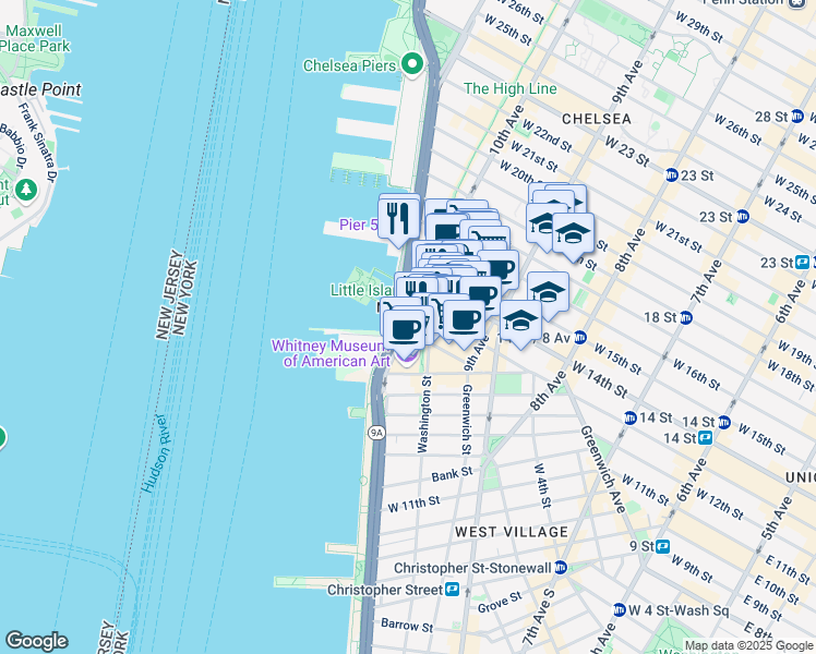 map of restaurants, bars, coffee shops, grocery stores, and more near 475 West 13th Street in New York