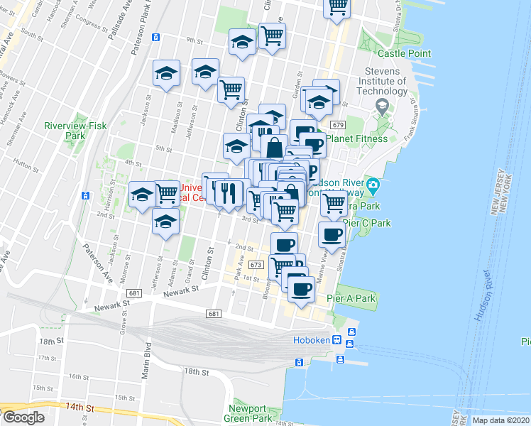 map of restaurants, bars, coffee shops, grocery stores, and more near 336 Park Avenue in Hoboken