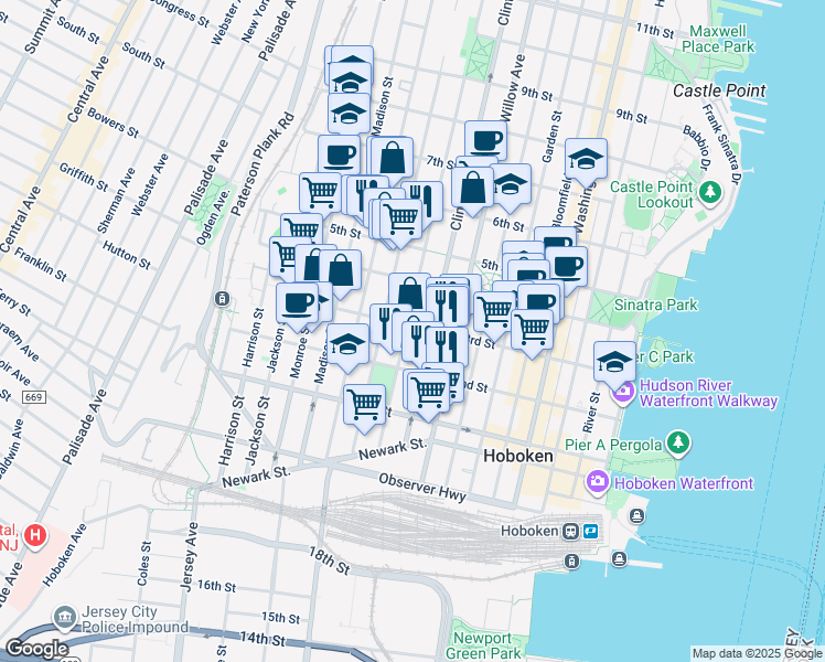 map of restaurants, bars, coffee shops, grocery stores, and more near in Hoboken