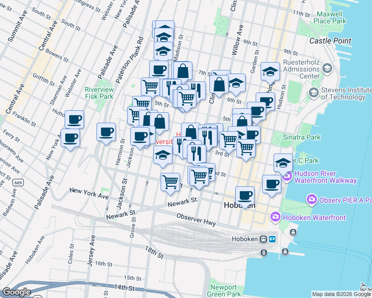 map of restaurants, bars, coffee shops, grocery stores, and more near 302 Grand Street in Hoboken