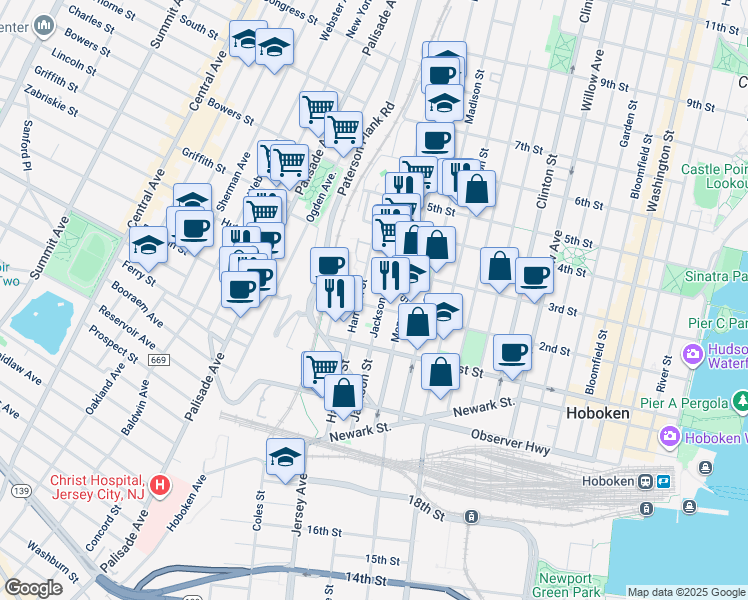 map of restaurants, bars, coffee shops, grocery stores, and more near 210 Harrison Street in Hoboken