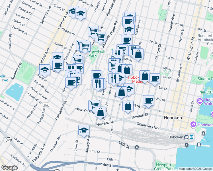 map of restaurants, bars, coffee shops, grocery stores, and more near 210 Harrison Street in Hoboken