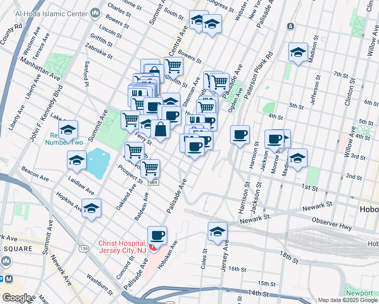 map of restaurants, bars, coffee shops, grocery stores, and more near 63 Franklin Street in Jersey City