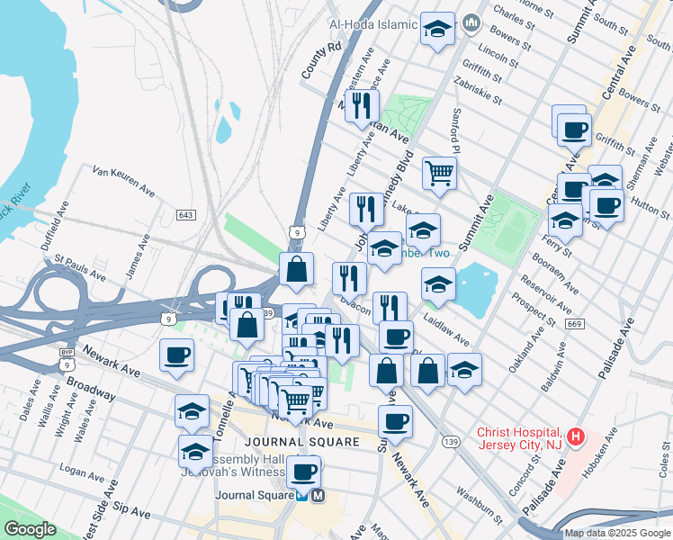 map of restaurants, bars, coffee shops, grocery stores, and more near 3181 John F. Kennedy Boulevard in North Bergen