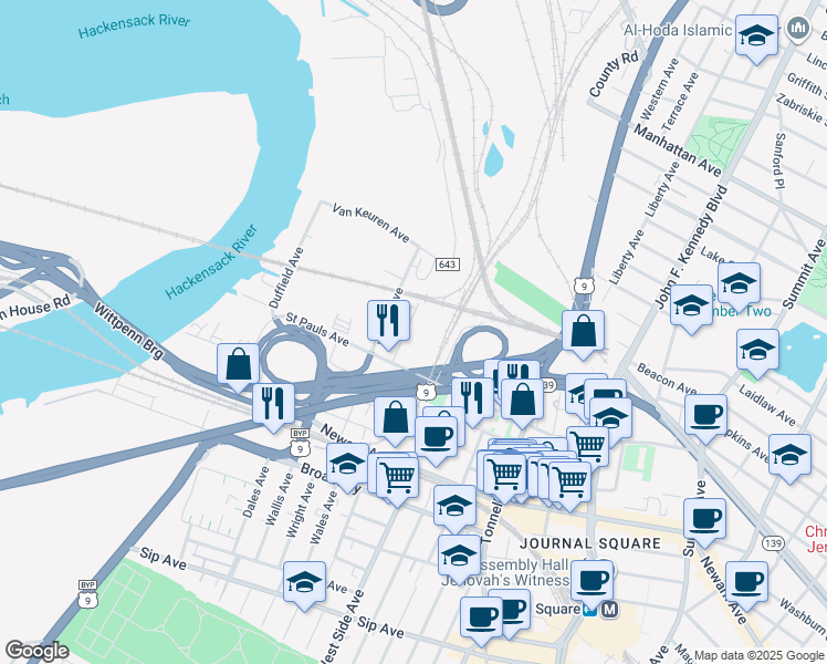 map of restaurants, bars, coffee shops, grocery stores, and more near 50 Lewis Avenue in Jersey City