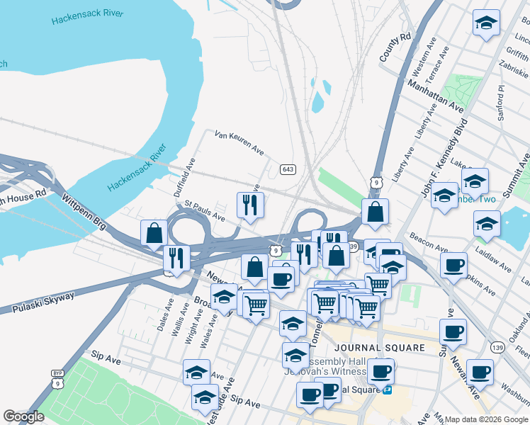 map of restaurants, bars, coffee shops, grocery stores, and more near 50 Lewis Avenue in Jersey City