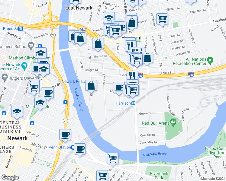 map of restaurants, bars, coffee shops, grocery stores, and more near 225 Railroad Avenue in Harrison