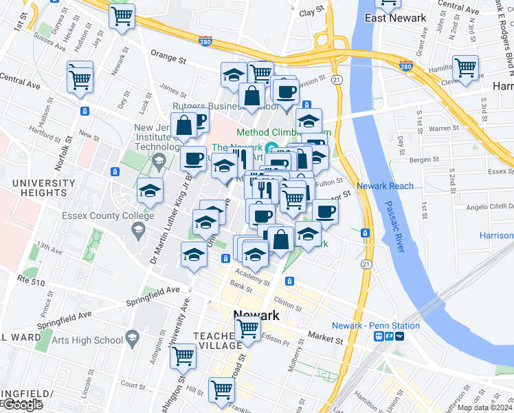 map of restaurants, bars, coffee shops, grocery stores, and more near 100 Washington Street in Newark