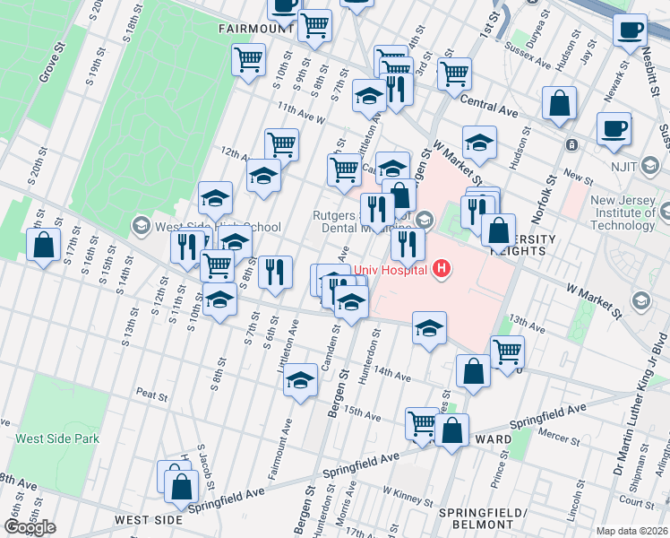 map of restaurants, bars, coffee shops, grocery stores, and more near 158 Littleton Avenue in Newark
