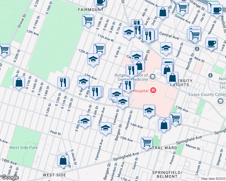 map of restaurants, bars, coffee shops, grocery stores, and more near 158 Littleton Avenue in Newark