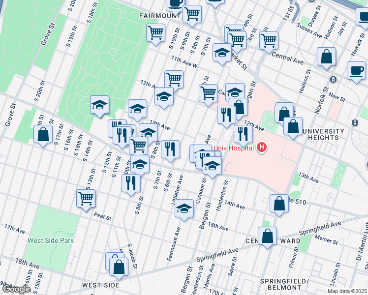 map of restaurants, bars, coffee shops, grocery stores, and more near 184 South 6th Street in Newark