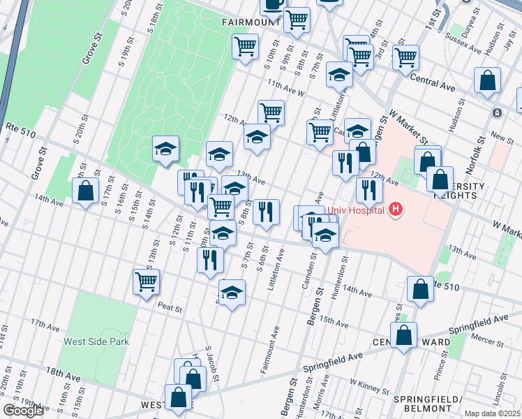 map of restaurants, bars, coffee shops, grocery stores, and more near 223 South 7th Street in Newark