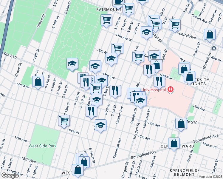 map of restaurants, bars, coffee shops, grocery stores, and more near 223 South 7th Street in Newark