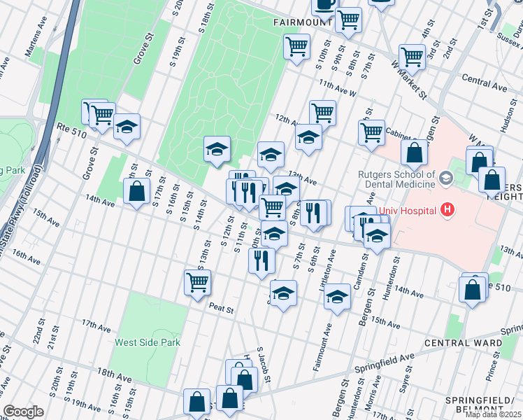 map of restaurants, bars, coffee shops, grocery stores, and more near 329 South 10th Street in Newark
