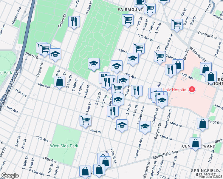 map of restaurants, bars, coffee shops, grocery stores, and more near 329 South 10th Street in Newark