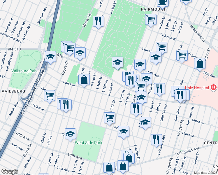 map of restaurants, bars, coffee shops, grocery stores, and more near 398-400 15th Avenue in Newark