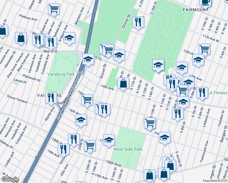 map of restaurants, bars, coffee shops, grocery stores, and more near 457 South 19th Street in Newark