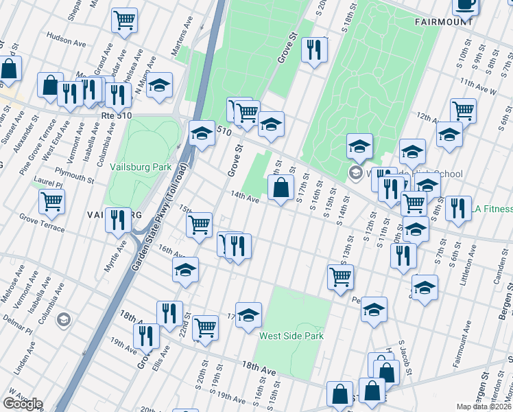 map of restaurants, bars, coffee shops, grocery stores, and more near 457 South 19th Street in Newark