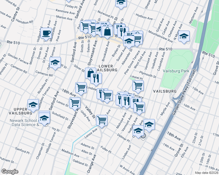 map of restaurants, bars, coffee shops, grocery stores, and more near 134 Sunset Avenue in Newark