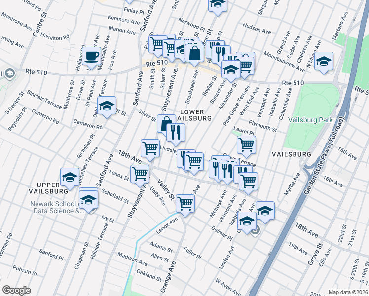 map of restaurants, bars, coffee shops, grocery stores, and more near 134 Sunset Avenue in Newark