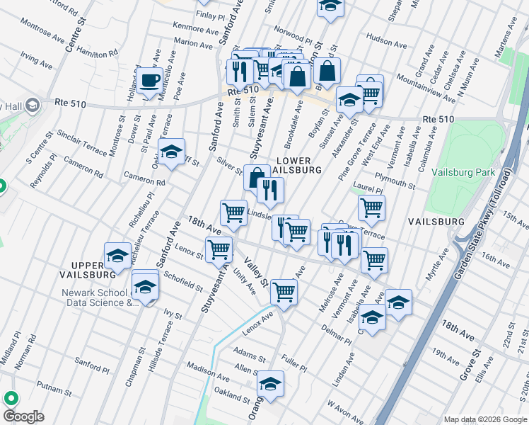 map of restaurants, bars, coffee shops, grocery stores, and more near 145 Brookdale Avenue in Newark